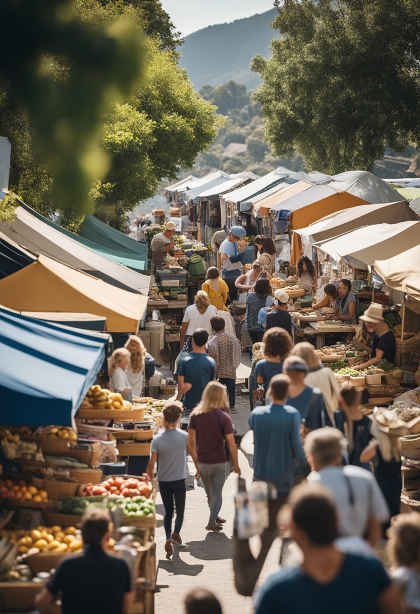 A bustling outdoor market with vendors selling handmade crafts and local produce. Families enjoy activities like rock climbing and kayaking nearby