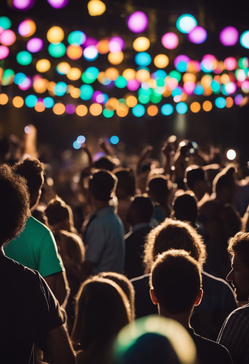 Crowds gather around outdoor stages, music fills the air, and colorful lights illuminate the night. People enjoy live entertainment and various nightlife activities in Waco this Easter weekend