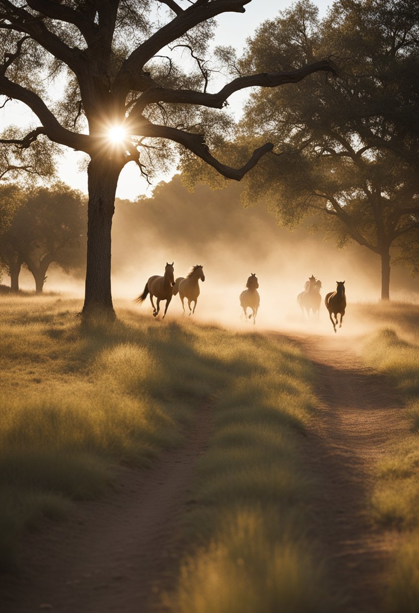 
Horses gallop along the rugged trails of Brazos Bluff Ranch in Waco, kicking up dust under the golden Texan sun. Experience exhilarating horseback riding in Waco's picturesque wilderness.