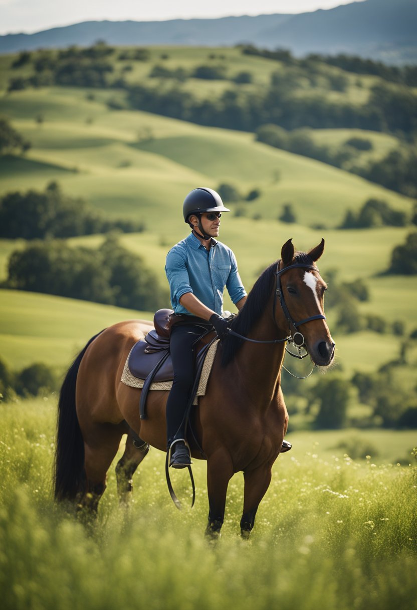 
A rider mounts a saddled horse in a lush, open field with rolling hills and a clear blue sky in the background, showcasing the beauty of horseback riding in Waco.