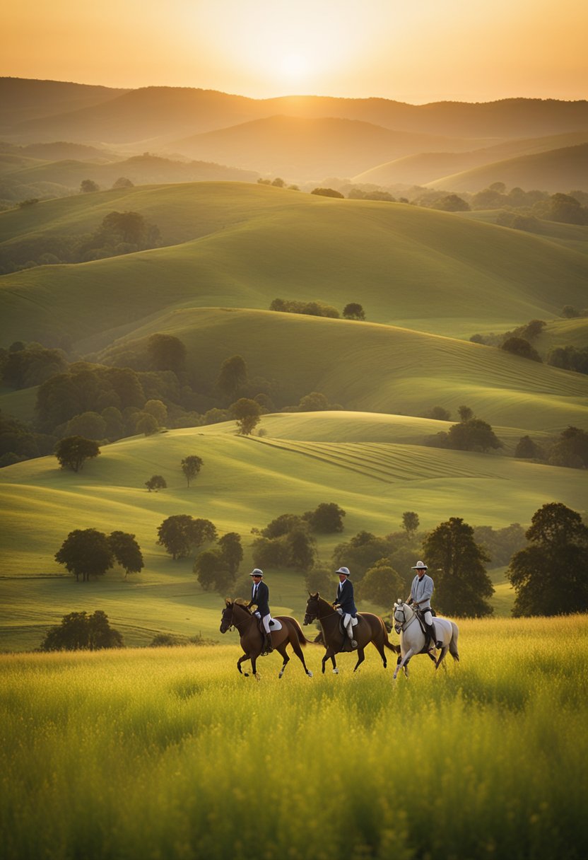 Riders trot through open fields, surrounded by rolling hills and lush greenery. The sun sets in the distance, casting a warm glow over the peaceful landscape