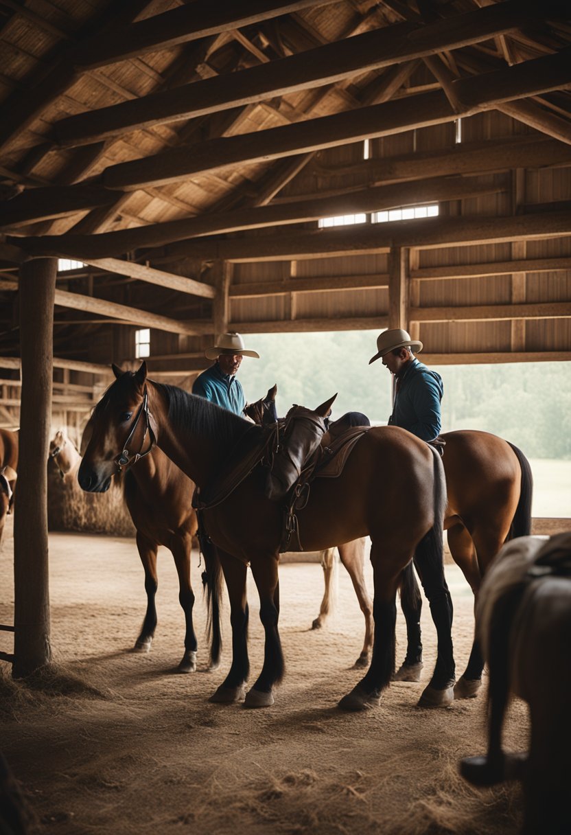 A group of riders prepare their horses in a rustic barn before setting off on a trail through the scenic countryside of Waco