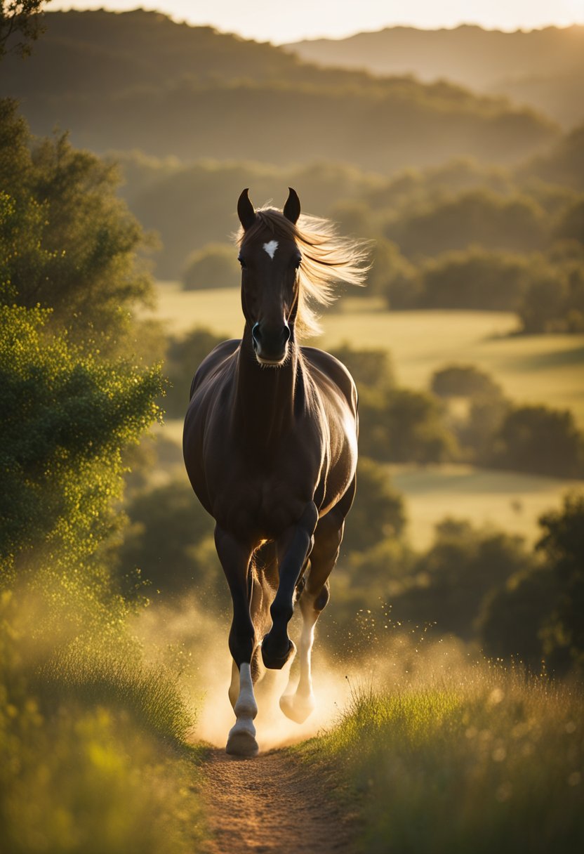 A horse gallops through a scenic trail in Waco, with lush greenery and rolling hills in the background. The sun shines down, casting a warm glow on the landscape