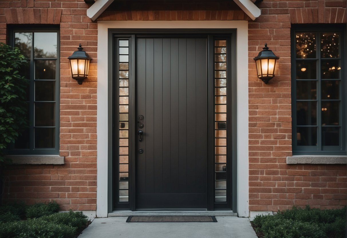 A sturdy security door with a deadbolt lock and reinforced frame stands between a well-lit entryway and the outside world