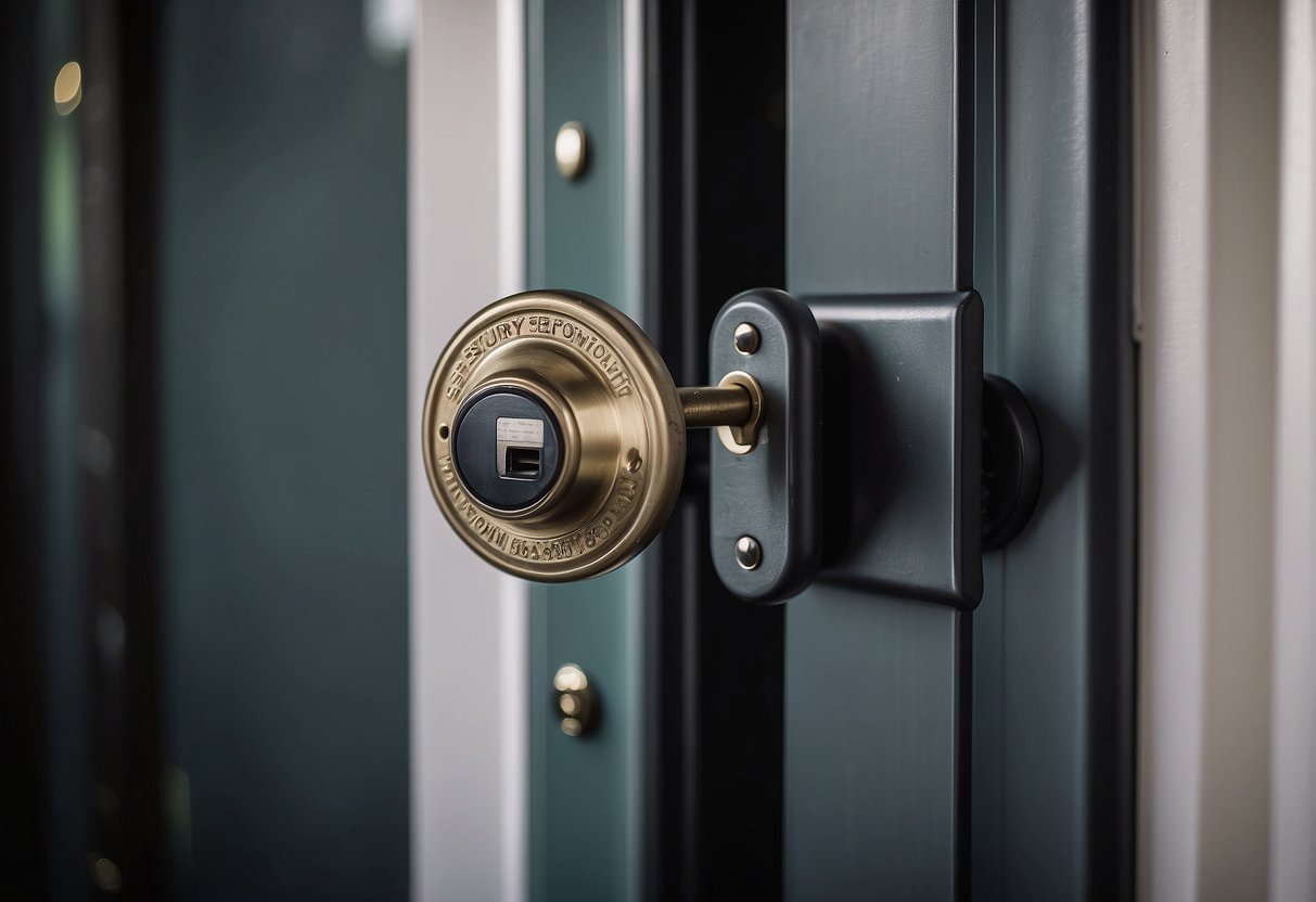 A sturdy security door with a heavy-duty lock, reinforced frame, and peephole. A sign reads "Security Doors for Homes" with a shield logo