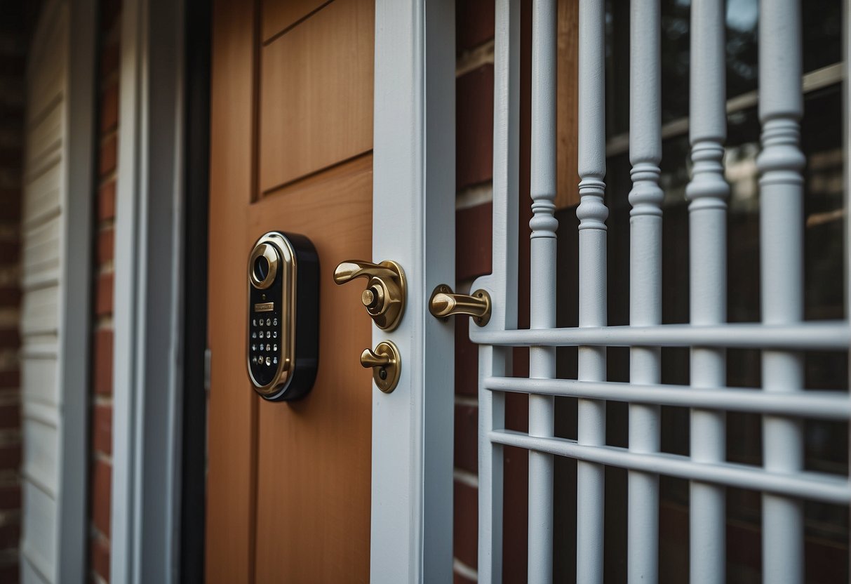 A sturdy security door stands in front of a suburban home, with a lock, peephole, and decorative grille