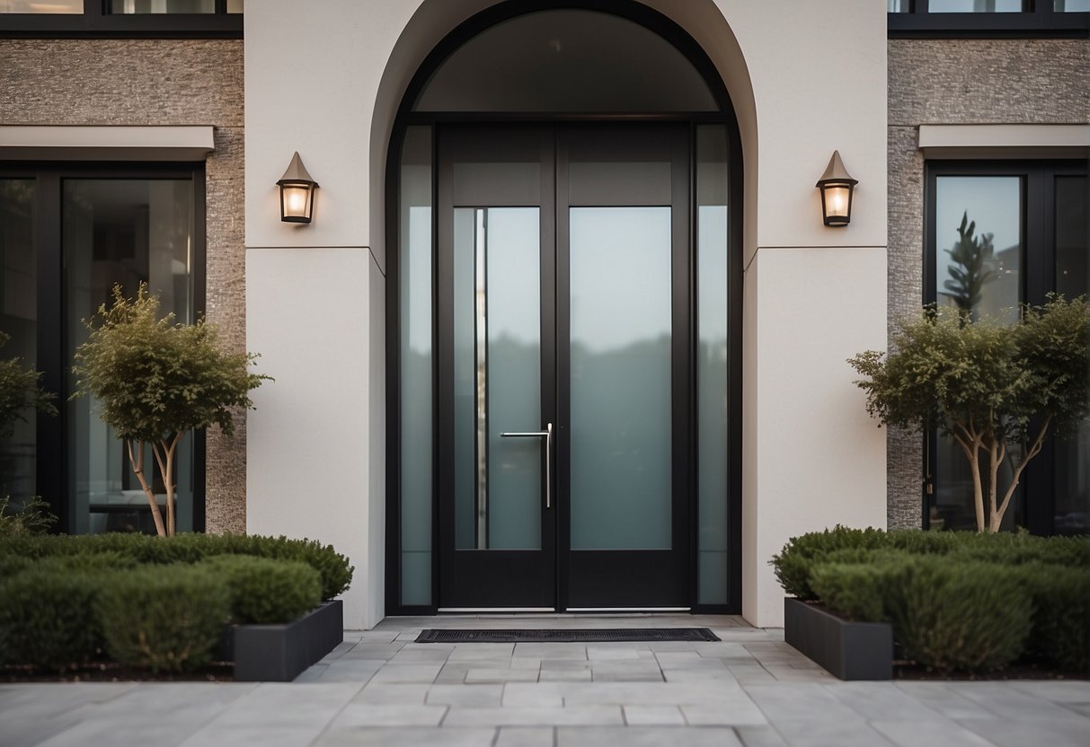A modern, sleek security door stands in front of a stylish home, blending seamlessly with the architecture while providing maximum protection