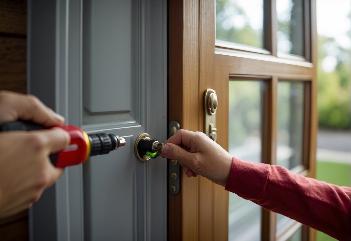 A homeowner installs a sturdy security door, using a screwdriver and level. The door features a secure lock and a durable frame