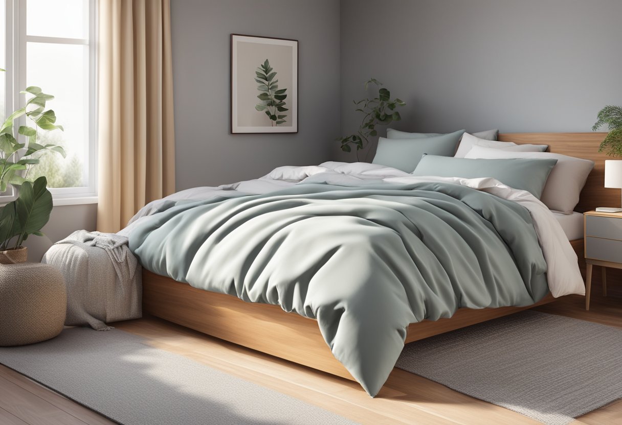 a cozy bedroom with a bed neatly made up with a fluffy duvet and pillows. the duvet is slightly folded over at the foot of the bed