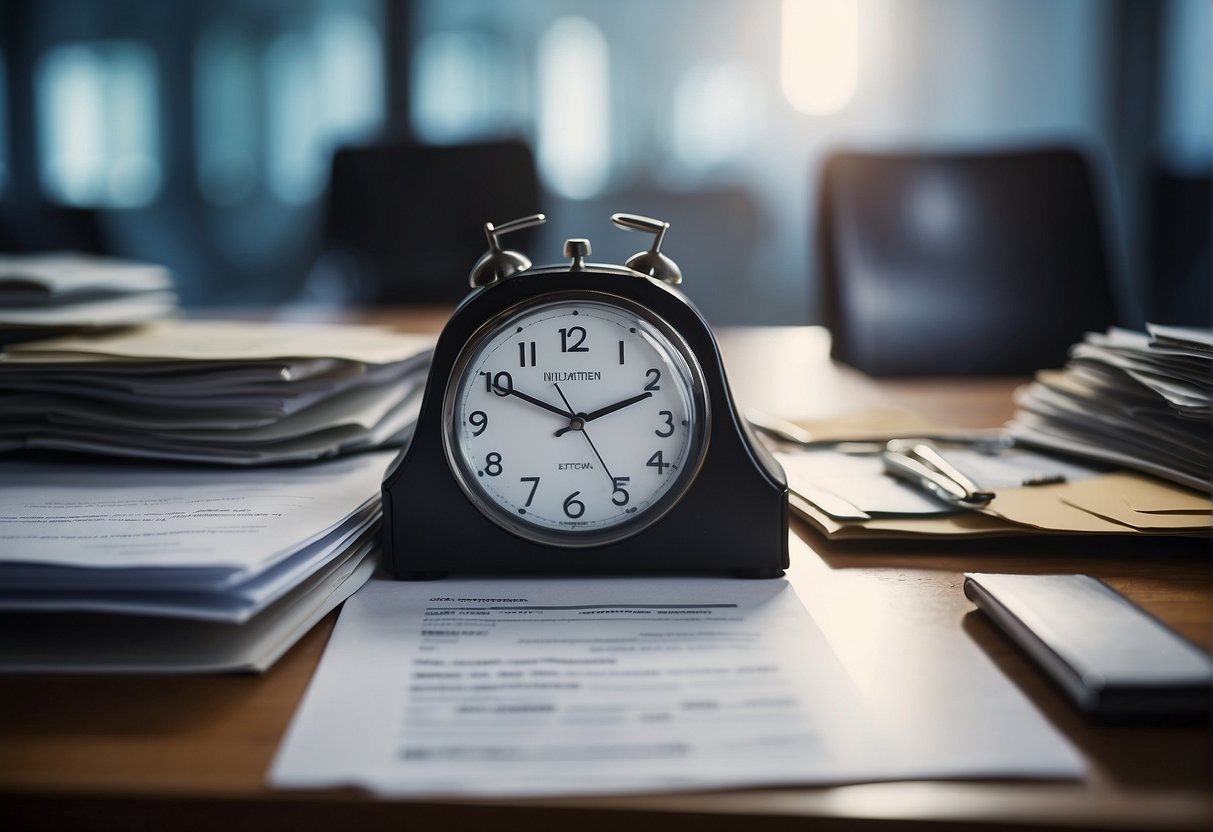 New rules on temporary employment. Office setting with paperwork and a clock. No human figures or body parts