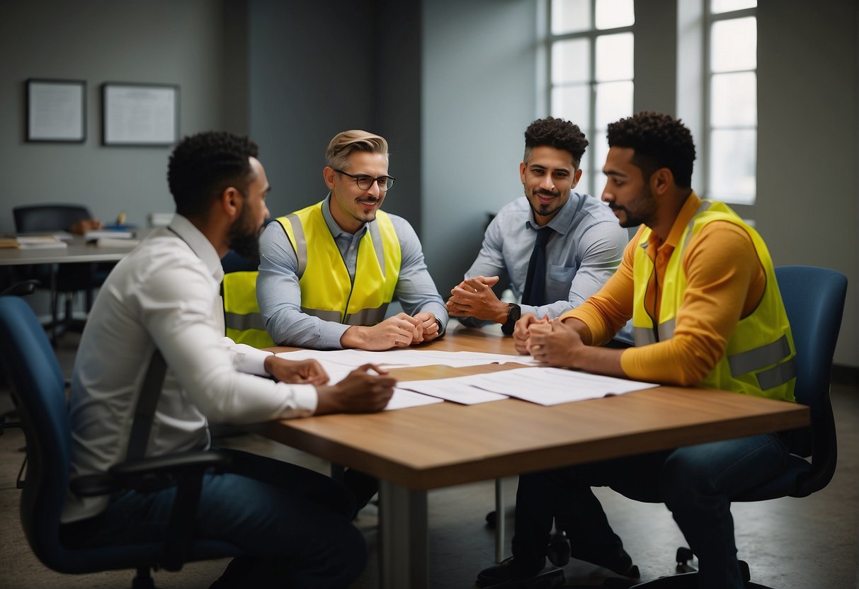 A group of workers gather around a table, discussing new rules and changes in temporary employment. Papers and documents are spread out as they engage in a lively conversation