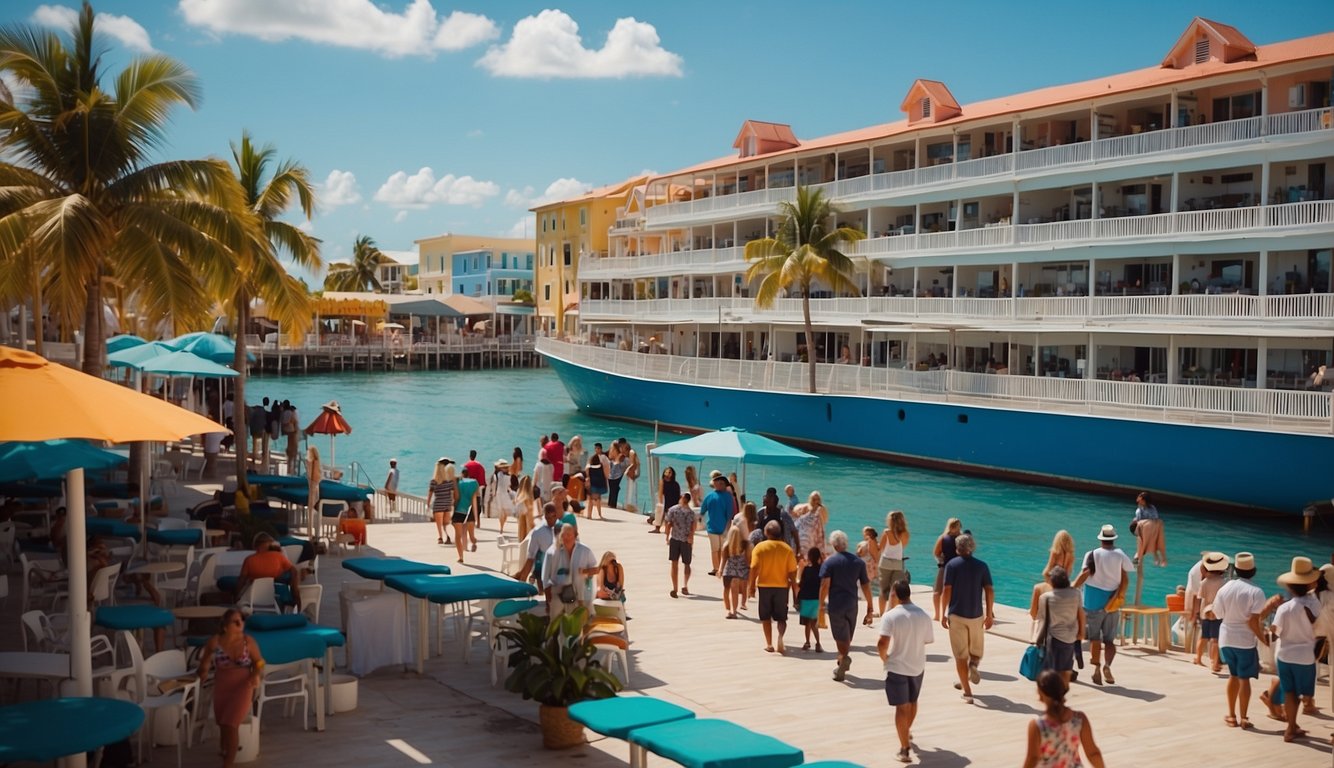 The Bimini cruise port bustles with activity as ships dock and passengers disembark, surrounded by colorful buildings and clear blue waters
