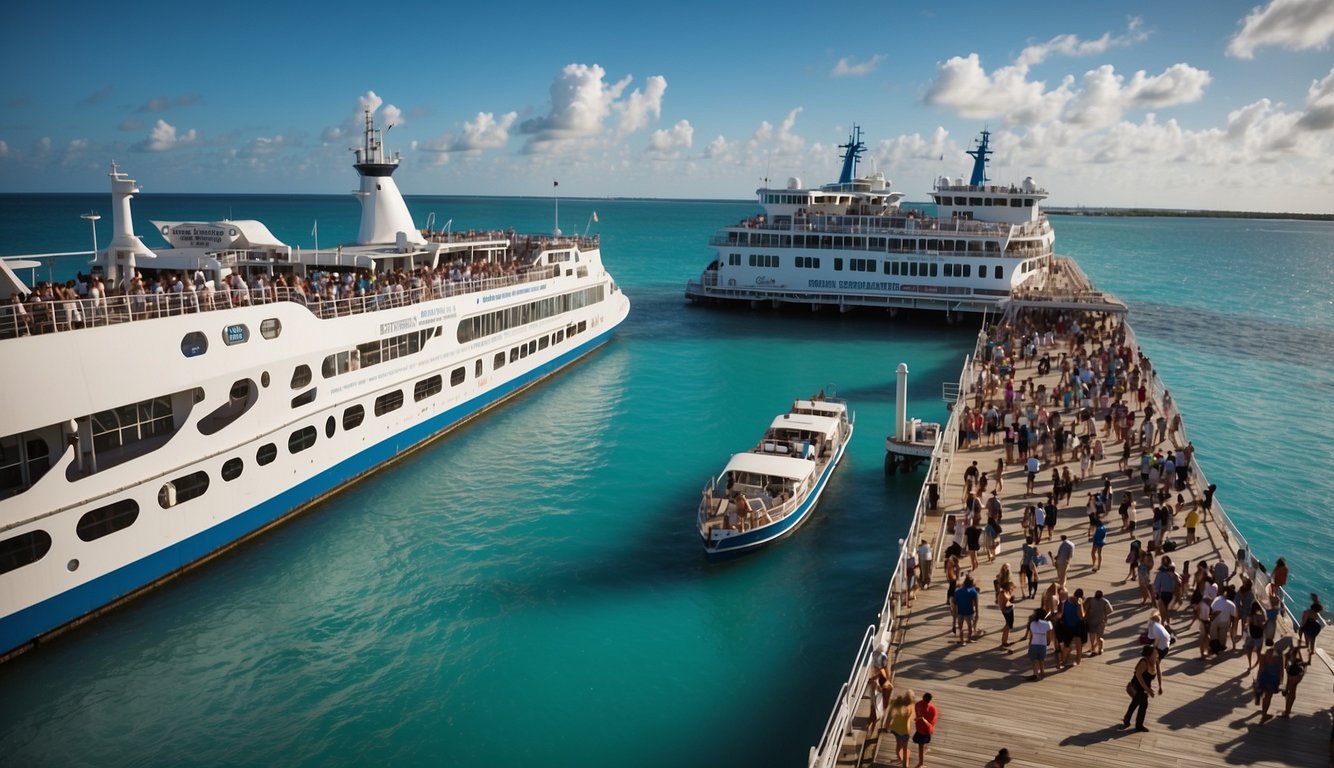 Passengers board a ferry at the Port Bimini cruise port. The ferry sails across the crystal-clear waters to the island, where passengers disembark and begin their tropical adventure