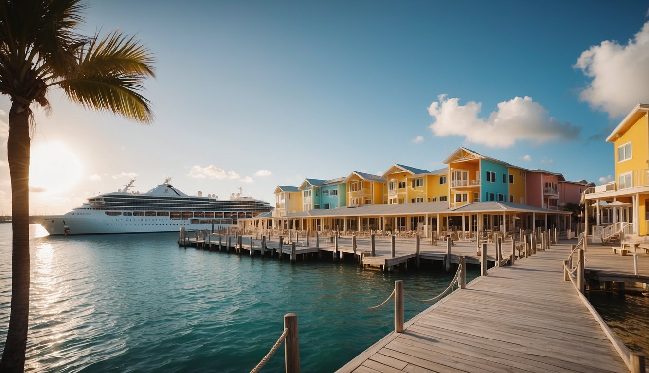 The Bimini cruise port features modern accommodations and amenities, with a large dock, colorful buildings, and palm trees lining the waterfront