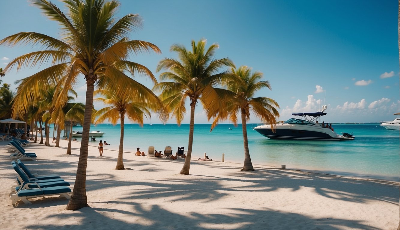 Sandy beach with palm trees, clear blue water, people snorkeling, jet skis, and boats docked at the Bimini cruise port