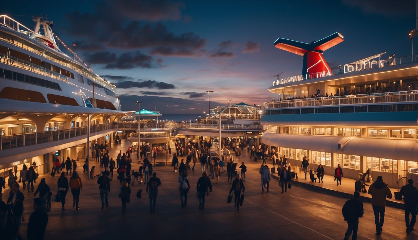 The Carnival cruise terminal in Long Beach bustles with activity as ships dock and passengers embark and disembark, while workers load and unload cargo onto the vessels