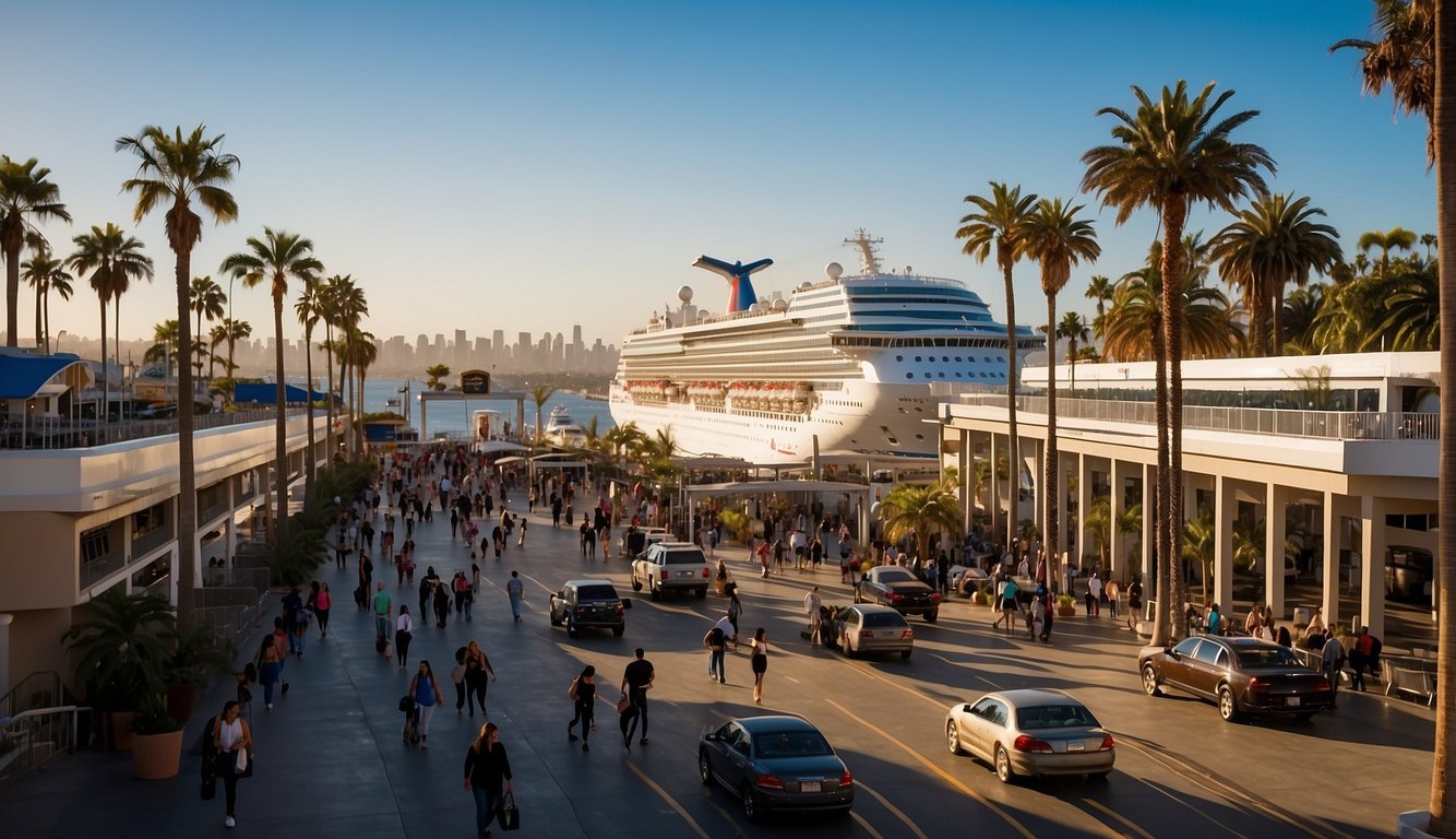 The Long Beach Cruise Terminal is bustling with activity as Carnival cruise ships dock and passengers embark and disembark, surrounded by the iconic palm trees and the stunning backdrop of the Long Beach skyline