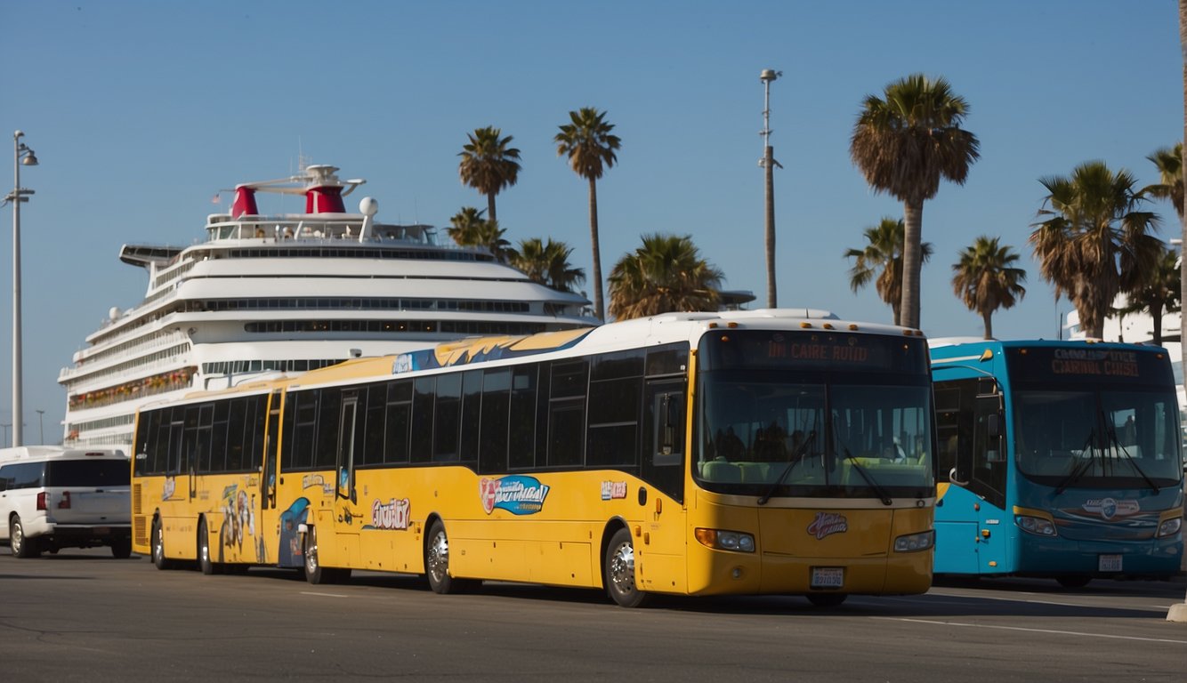 Cars and buses line up outside the Carnival cruise terminal in Long Beach. A shuttle bus transports passengers from the parking lot to the terminal entrance
