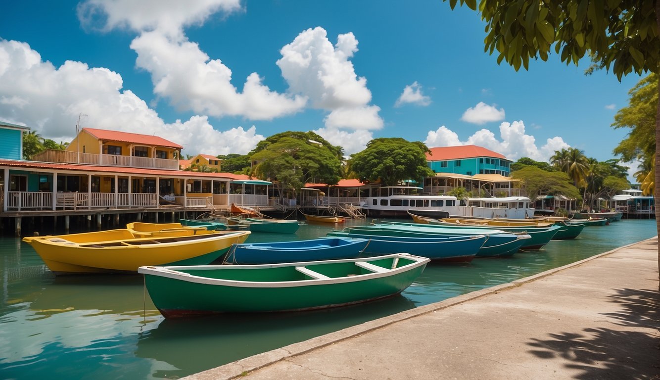 The Belize cruise port bustles with colorful boats and bustling activity, surrounded by lush greenery and vibrant buildings. The clear blue waters reflect the sunny sky above
