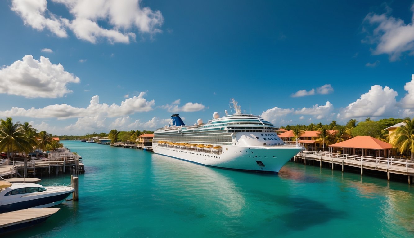 The cruise ship docks at Belize port, surrounded by turquoise waters and lush greenery. A bustling harbor with colorful buildings and boats in the distance