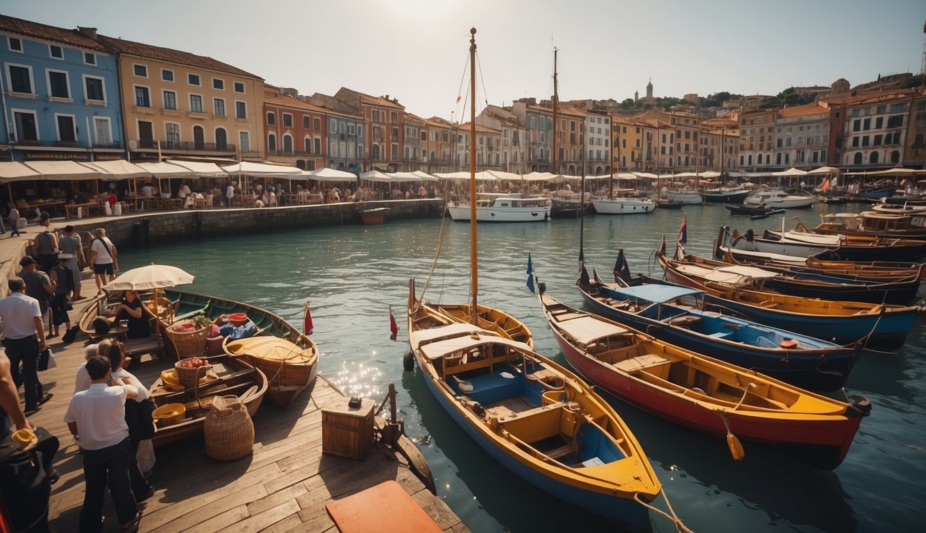Busy port with colorful boats, bustling market stalls, and historic buildings lining the waterfront. Tourists and locals mingle, soaking in the lively atmosphere