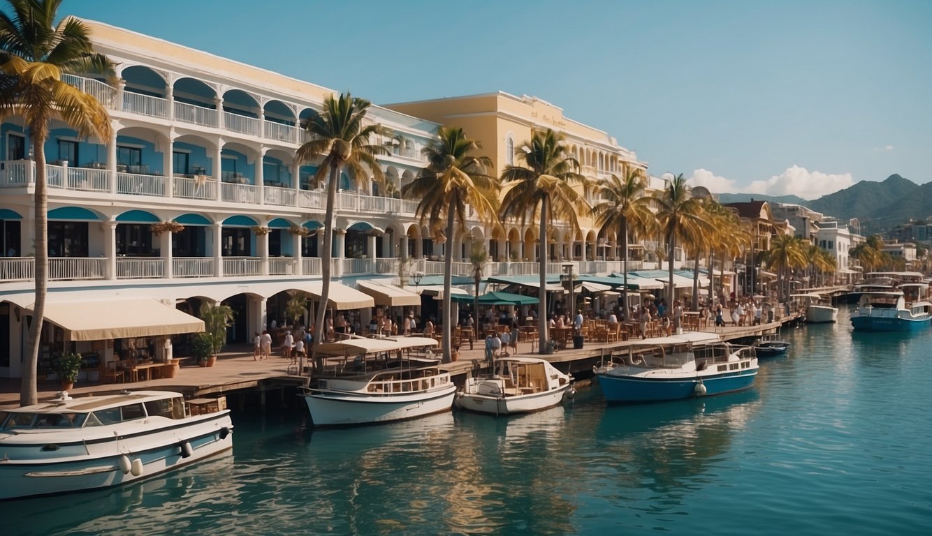 A bustling cruise port with colorful shops, docked boats, and tourists exploring the waterfront. A clear blue sky and palm trees complete the tropical scene