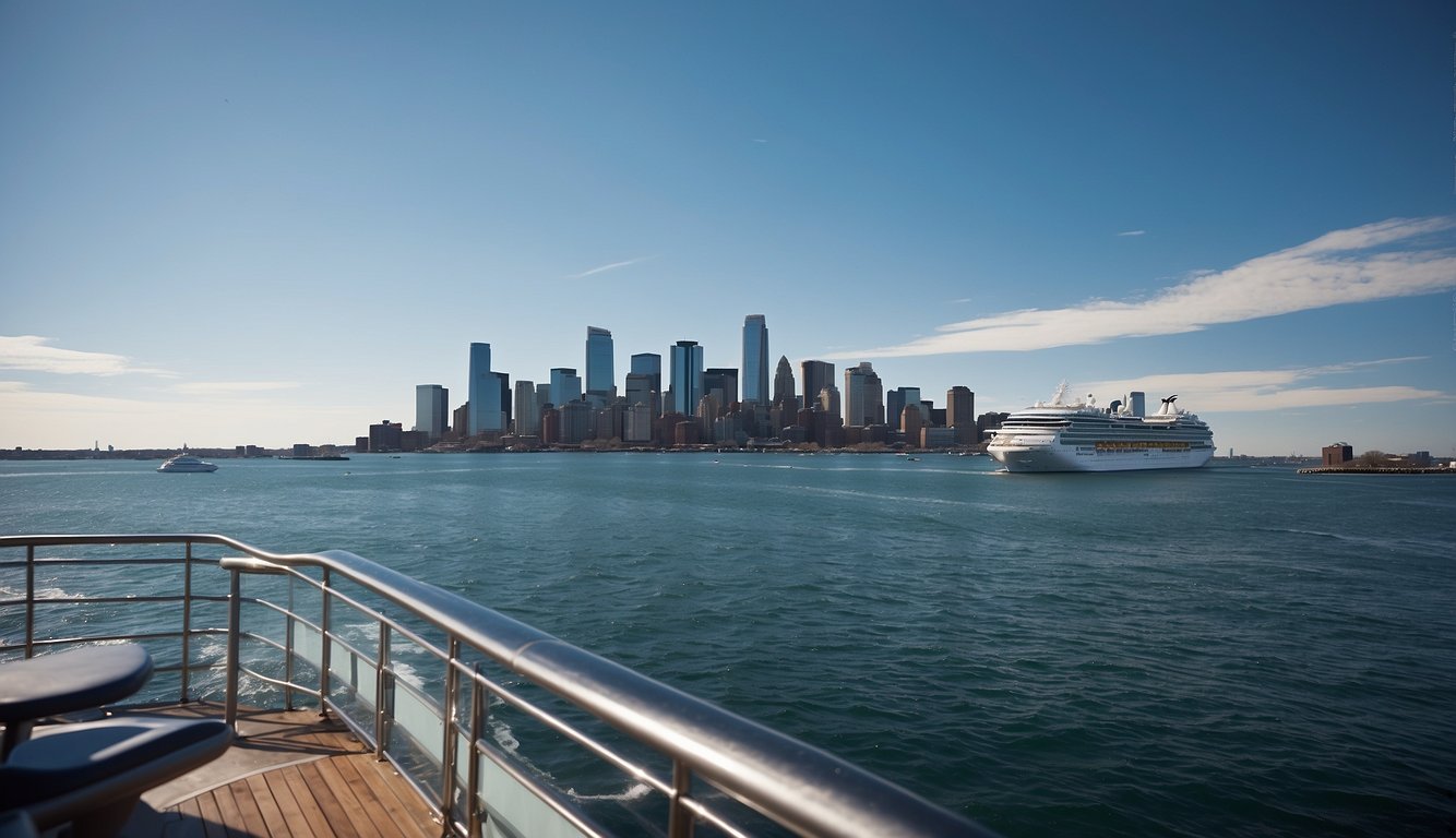 A cruise ship departs from Boston harbor, sailing towards the horizon under a clear blue sky, with the city skyline fading in the distance