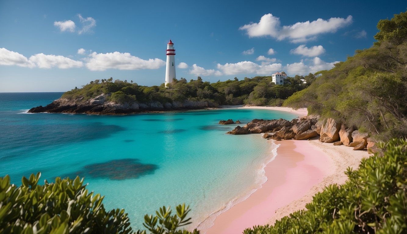 A cruise ship sails through clear blue waters towards Bermuda's pink sand beaches and lush green landscapes. The iconic lighthouse stands tall against the vibrant blue sky