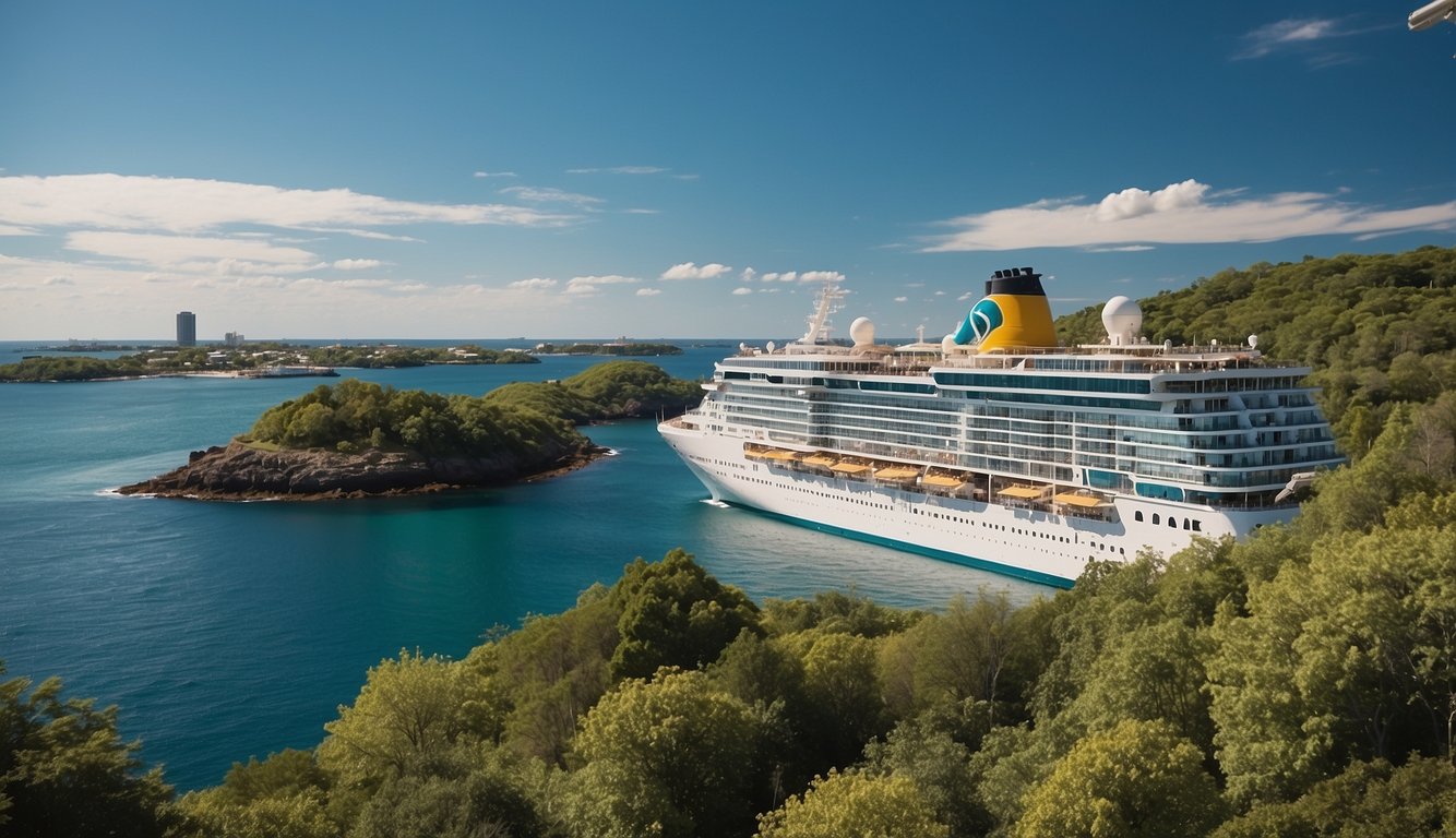 A cruise ship sailing from Boston to Bermuda, with clear blue skies and turquoise waters, surrounded by lush greenery and colorful buildings along the coastline
