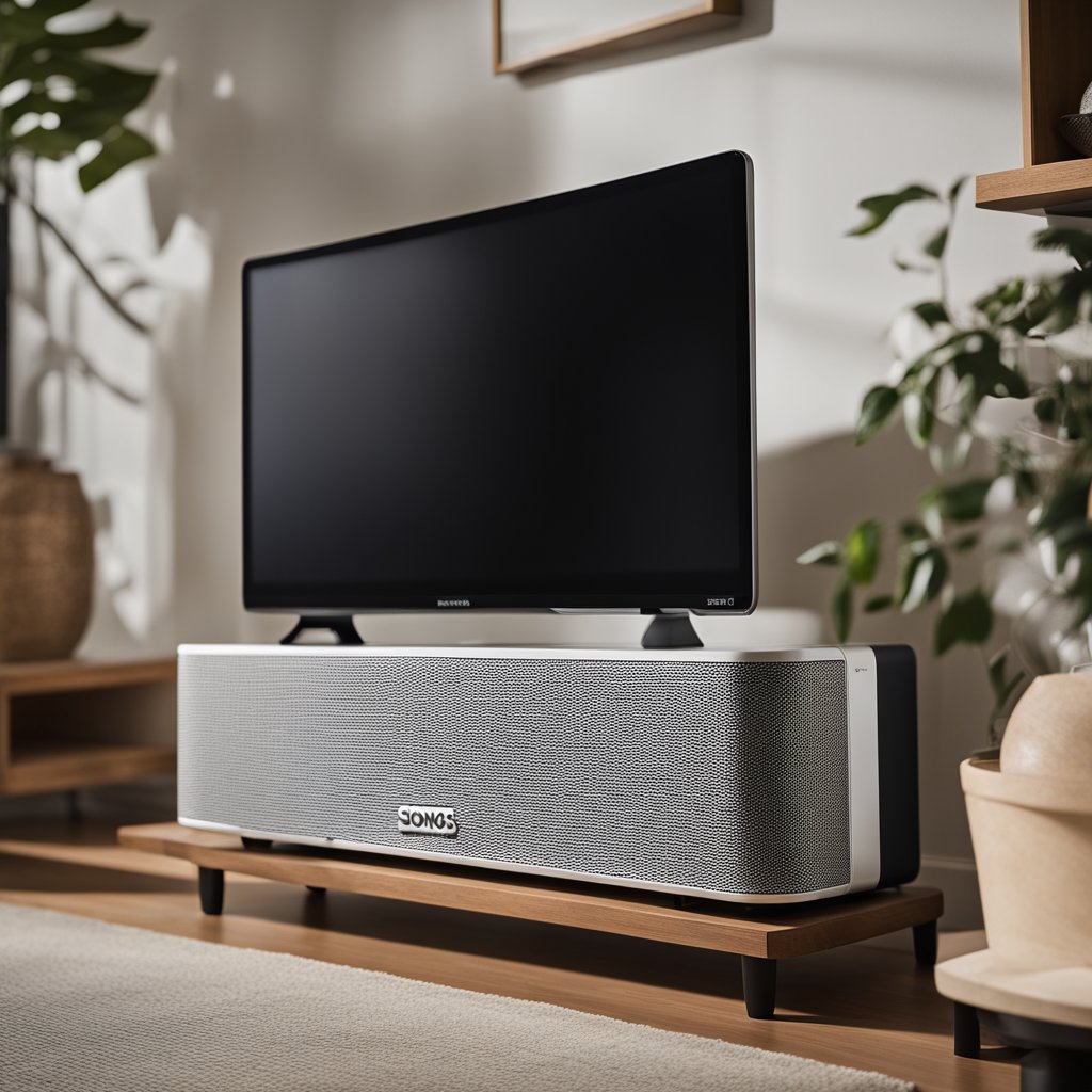 The Sonos sub is placed next to the TV stand, with the wires neatly tucked away. The room is well-lit and the sub is positioned to enhance the audio experience