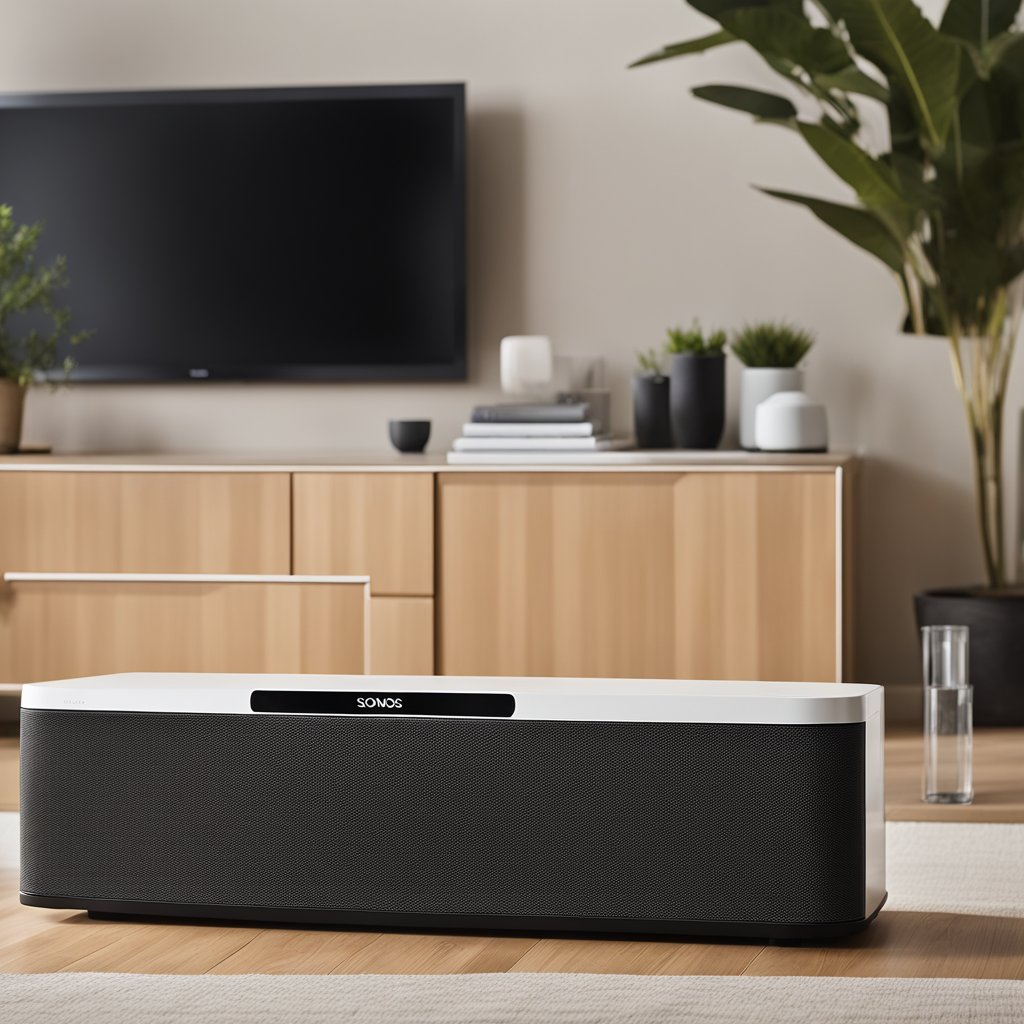 The Sonos sub is positioned in the center of the room, next to the TV stand, with clear space around it for optimal sound distribution