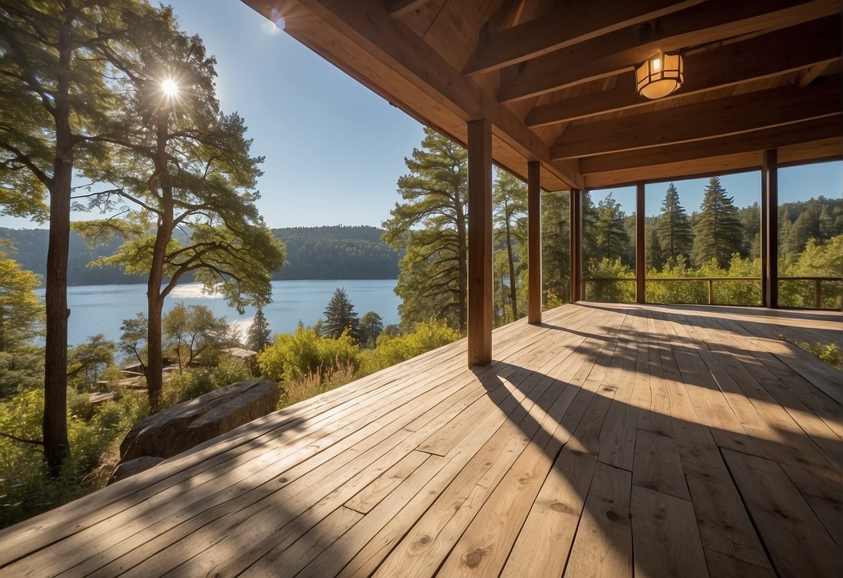 A serene landscape with lush greenery, a tranquil lake, and a clear blue sky. A peaceful yoga pavilion and cozy cabins nestled in the natural surroundings