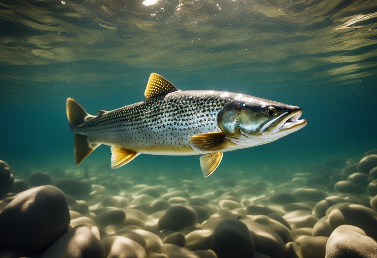 A lake trout swims towards a shiny lure, its sleek body reflecting the dappled sunlight filtering through the water. The lure dangles tantalizingly, enticing the trout with its shimmering colors and tantalizing movements