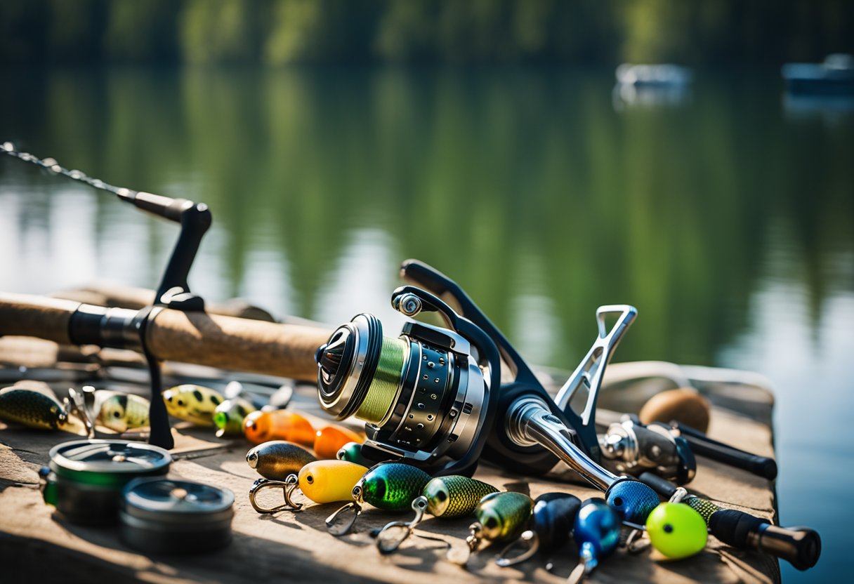 A fishing rod with a spinning reel, a variety of colorful lures, and a tackle box filled with hooks, sinkers, and line for lake trout fishing