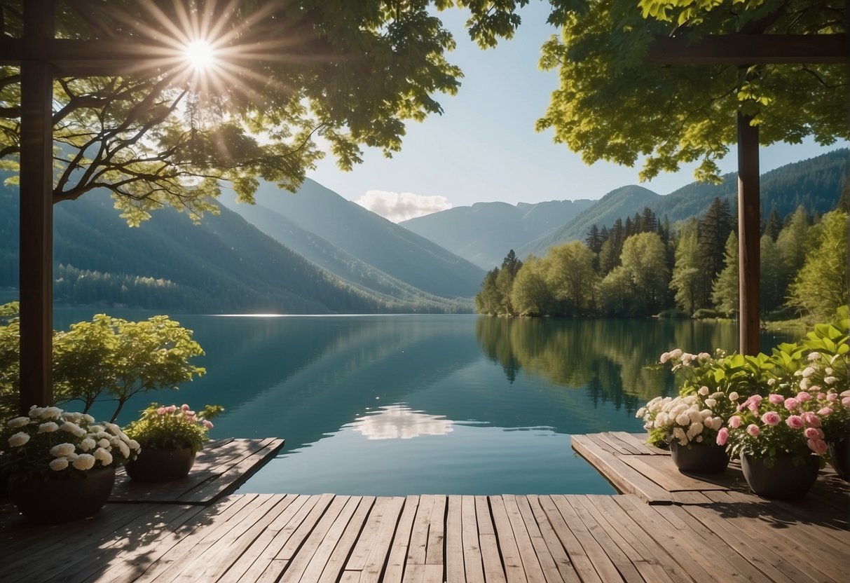 A serene lake nestled in lush green mountains, with a yoga platform and meditation area surrounded by blooming flowers and towering trees. A calm and peaceful atmosphere exudes from the scene