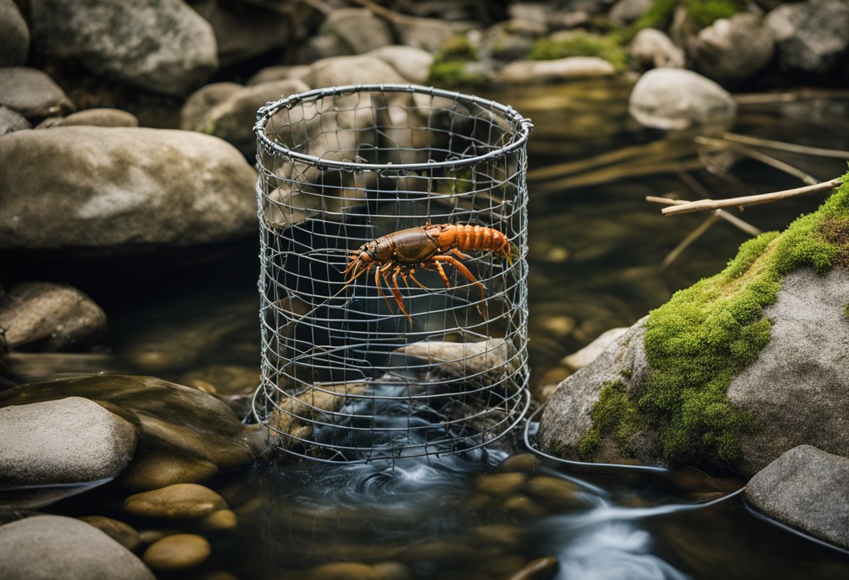 A crayfish trap sits at the edge of a clear, flowing stream, surrounded by rocks and submerged vegetation. The trap is baited with a piece of meat, and crayfish can be seen approaching it
