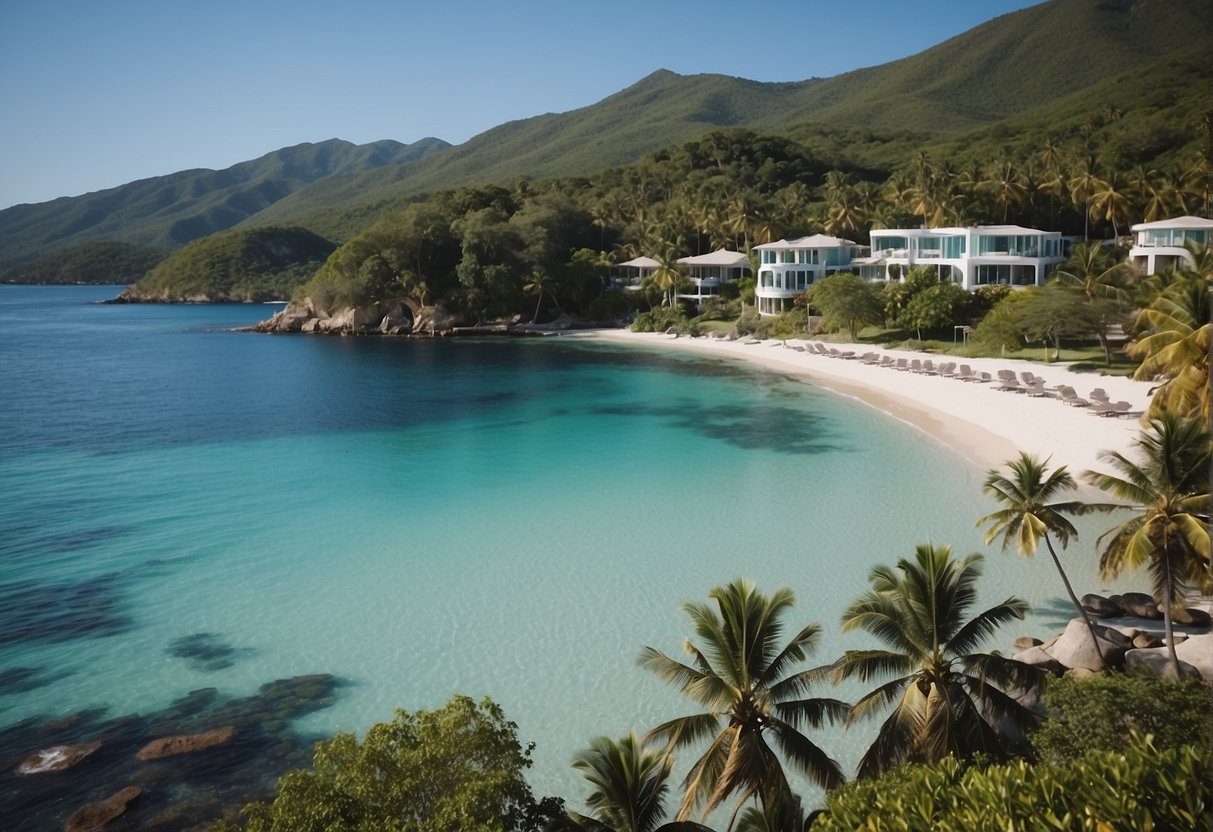 A serene beachfront with palm trees and clear blue waters, surrounded by lush greenery and peaceful nature sounds. A tranquil setting for wellness retreats in Summer 2024