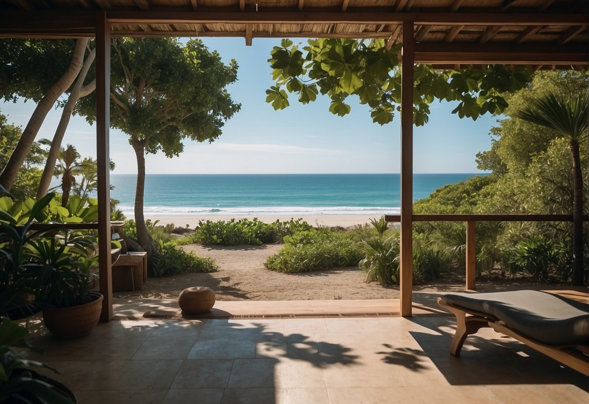 A serene beach setting with a calm ocean, lush greenery, and a peaceful yoga studio nestled among the trees