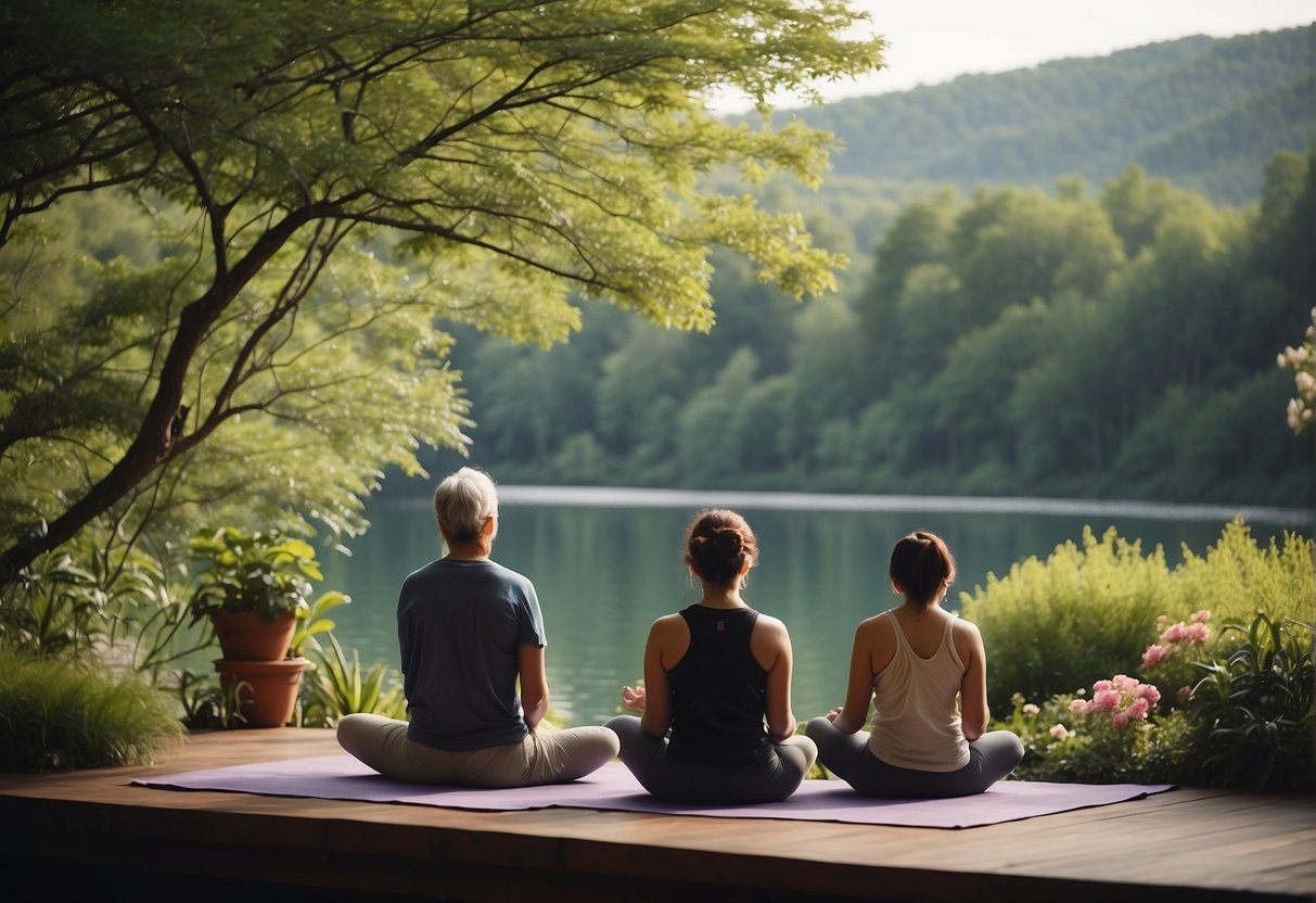 Guests meditate in a tranquil garden, surrounded by lush greenery and blooming flowers. A gentle breeze rustles the leaves as they practice yoga on a shaded deck overlooking a serene lake