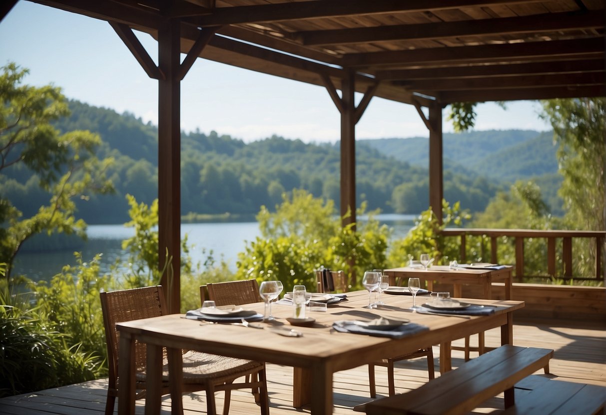 A serene landscape with lush greenery, a tranquil lake, and a clear blue sky. A yoga platform and outdoor dining area are nestled among the natural surroundings