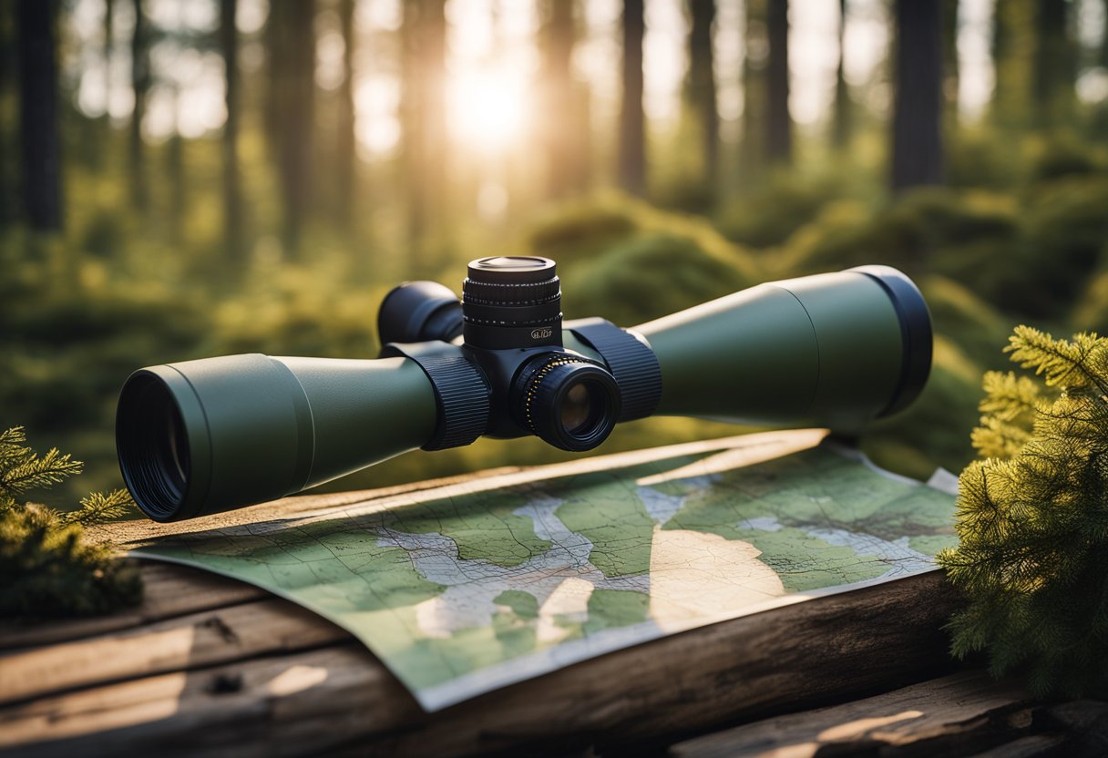 A rifle, binoculars, and a map lay on a wooden table. A camouflage tent is pitched in a forest clearing, with a bear track visible in the mud