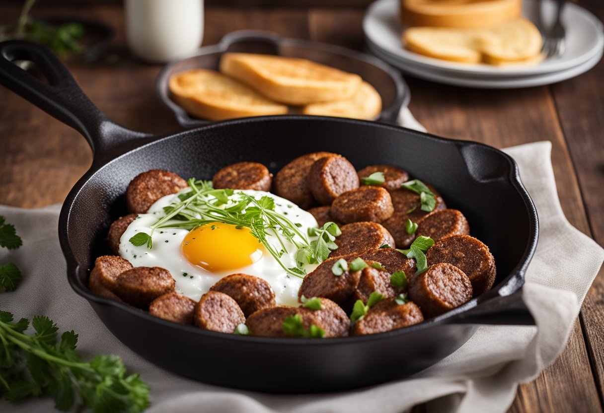 A sizzling venison breakfast sausage in a cast iron skillet