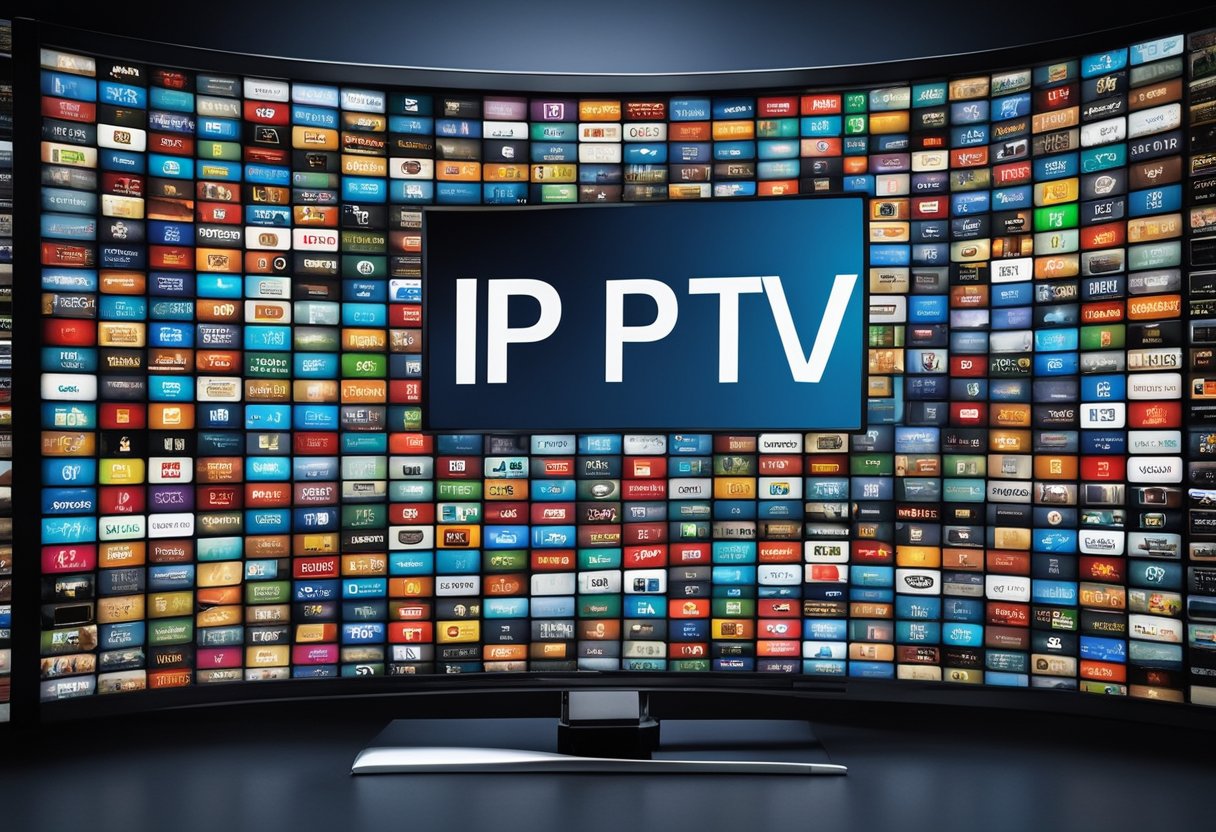 A television screen displaying various streaming channels with the words "IPTV" prominently displayed in the corner