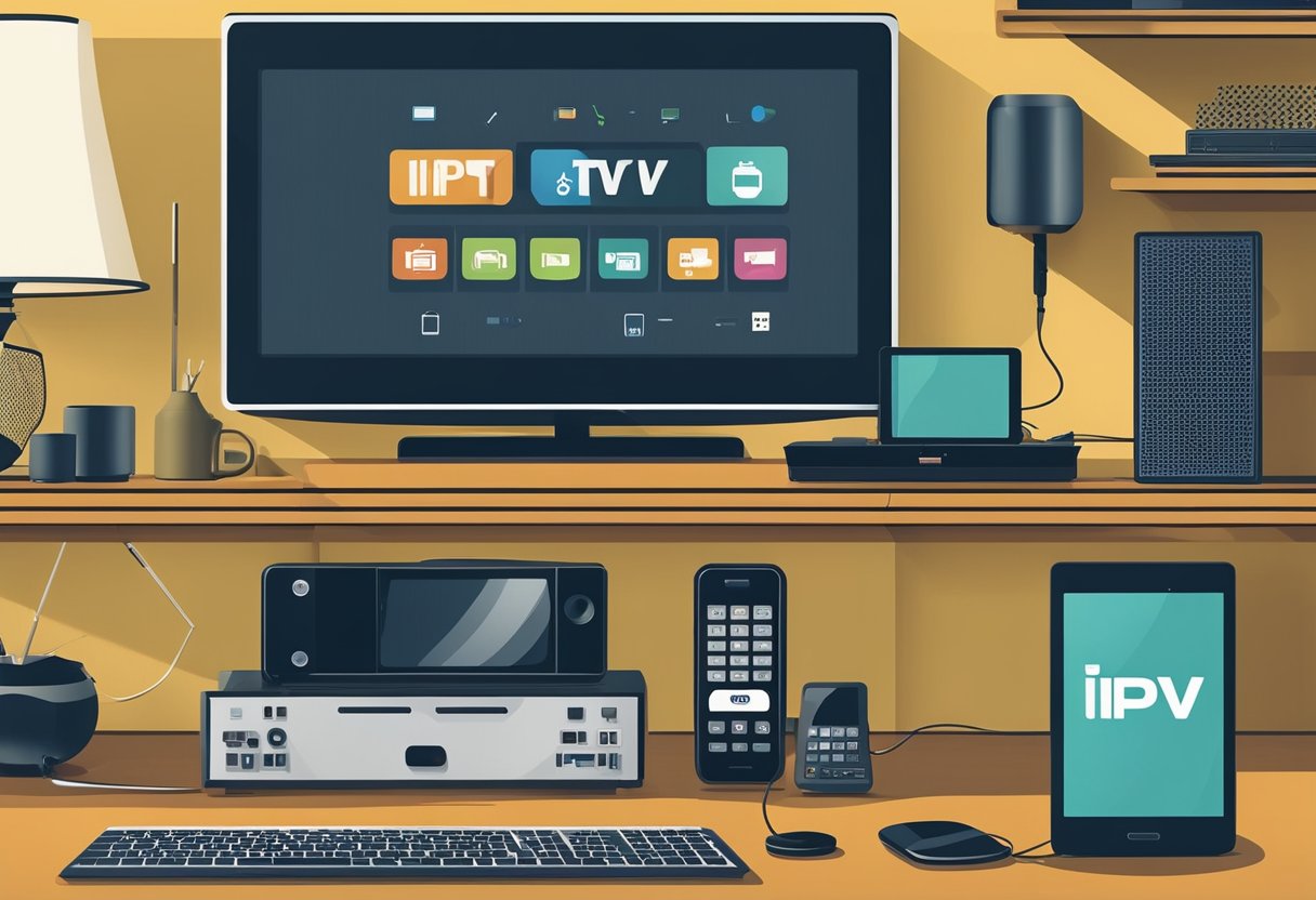 Various compatible devices surround a TV displaying IPTV. Smartphones, tablets, and smart TVs are connected, showing streaming content