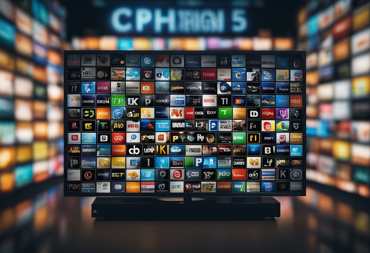 A television screen displaying various IPTV channels with a copyright symbol in the corner