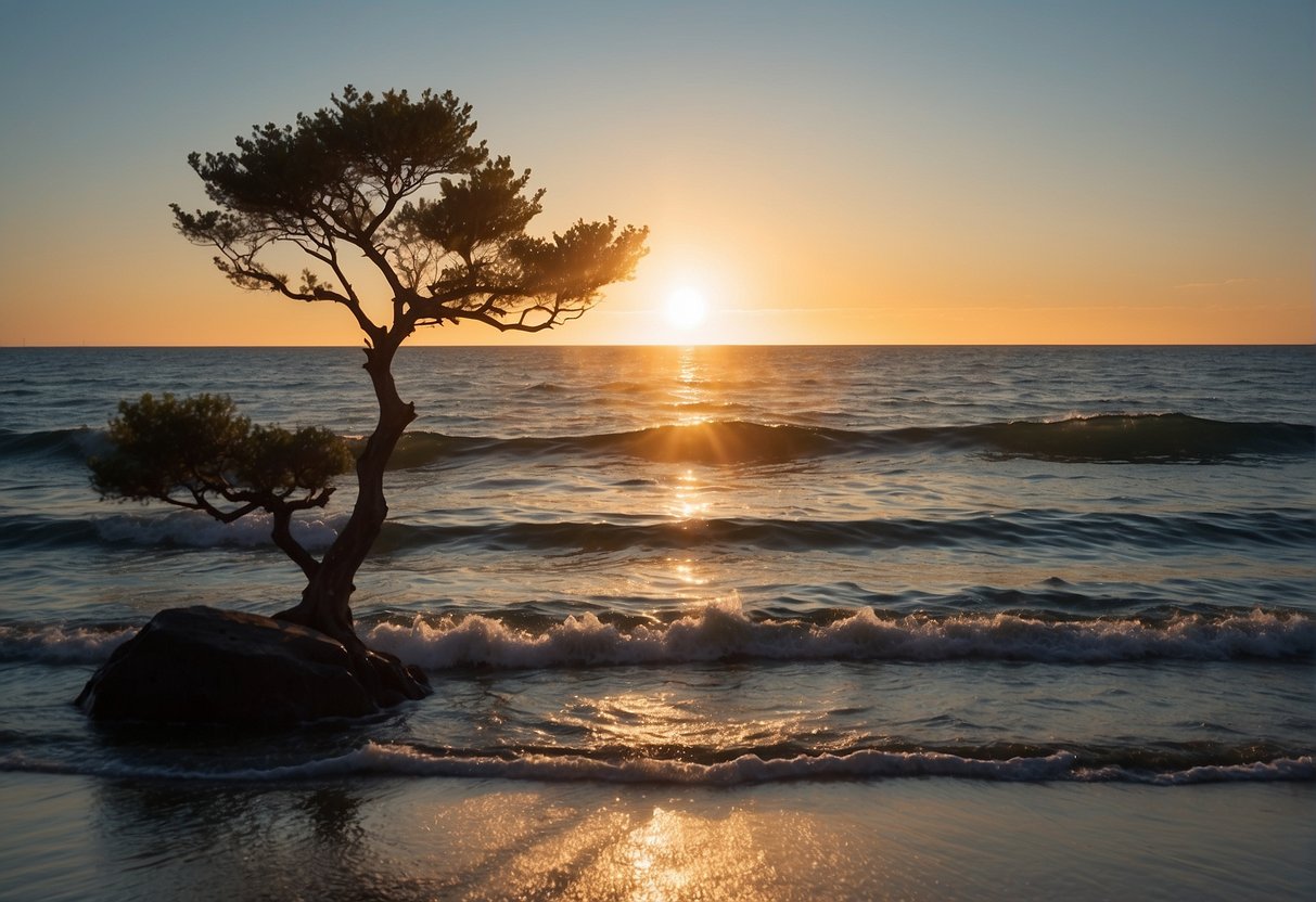A bright sun rises over a calm ocean, casting a warm glow on a clear blue sky. A lone tree stands tall on the shore, its branches reaching towards the heavens
