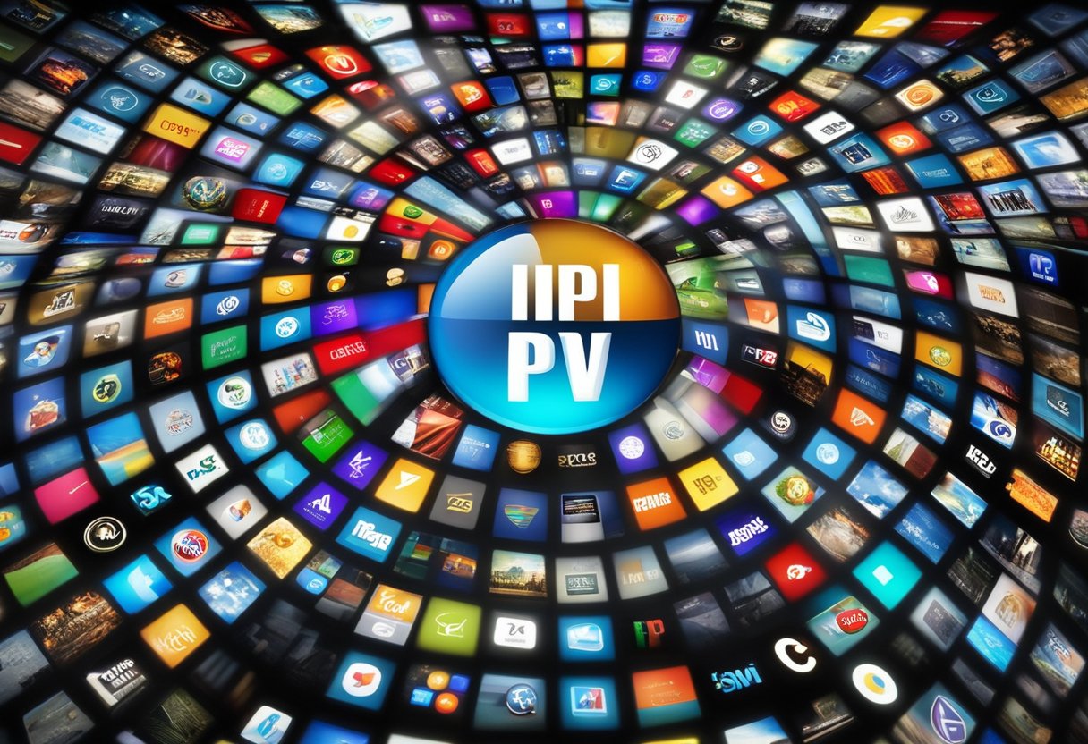 A television screen displaying IPTV logo with various multimedia content streaming in the background