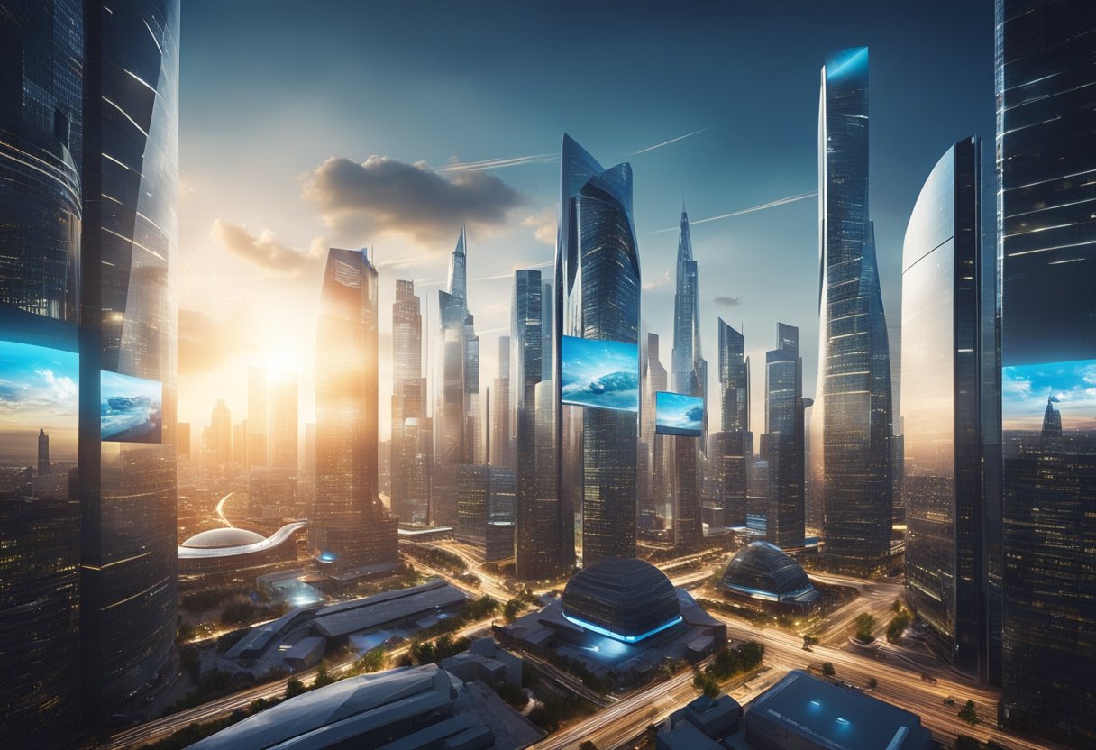 A futuristic cityscape with digital screens displaying IPTV content, surrounded by cutting-edge technology and high-speed internet infrastructure