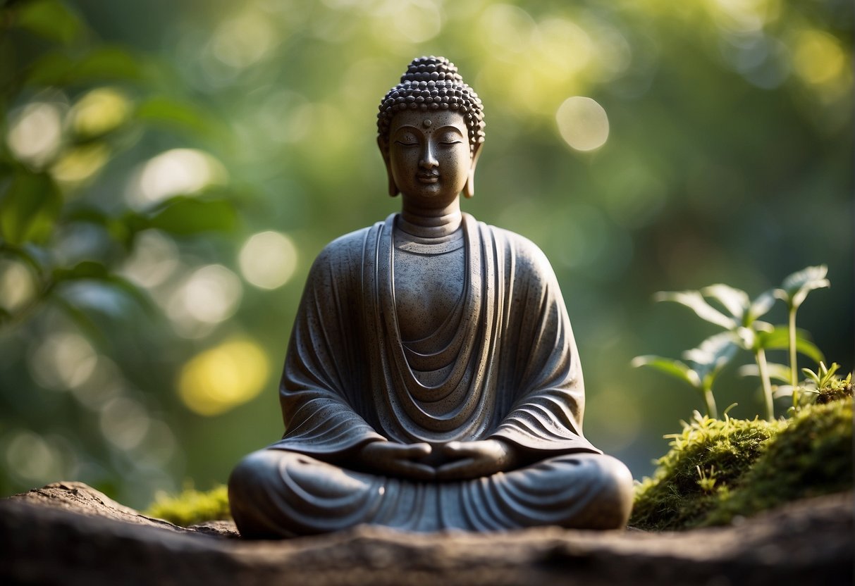 A serene figure surrounded by vibrant nature, practicing mindfulness and meditation to foster health and well-being