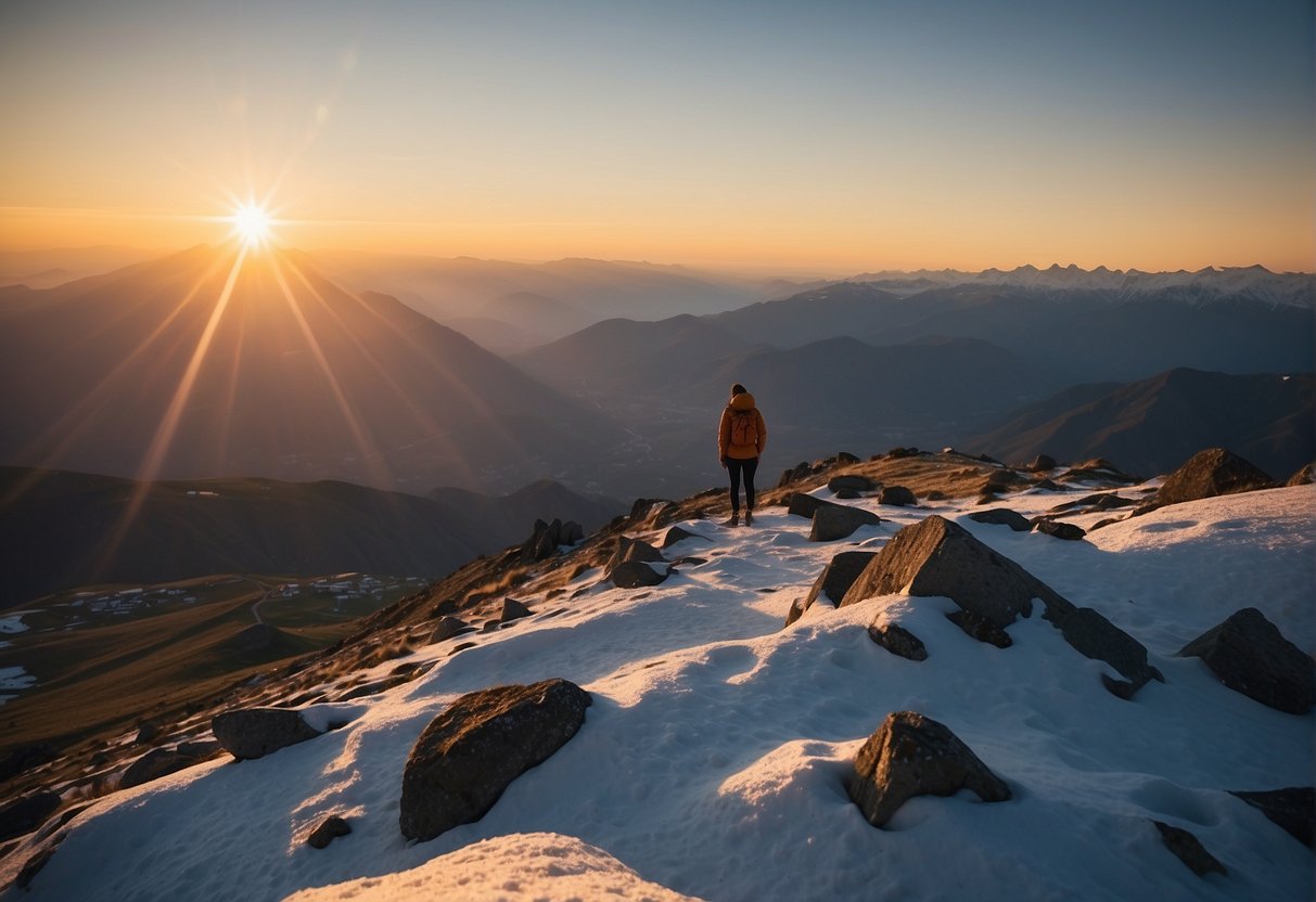 A person standing on a mountain peak, looking out at a vast landscape with a clear, focused expression. The sun is rising, symbolizing personal and professional growth